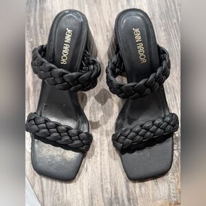 Chunky Heels Square Toes Black Braided Heeled Sandals